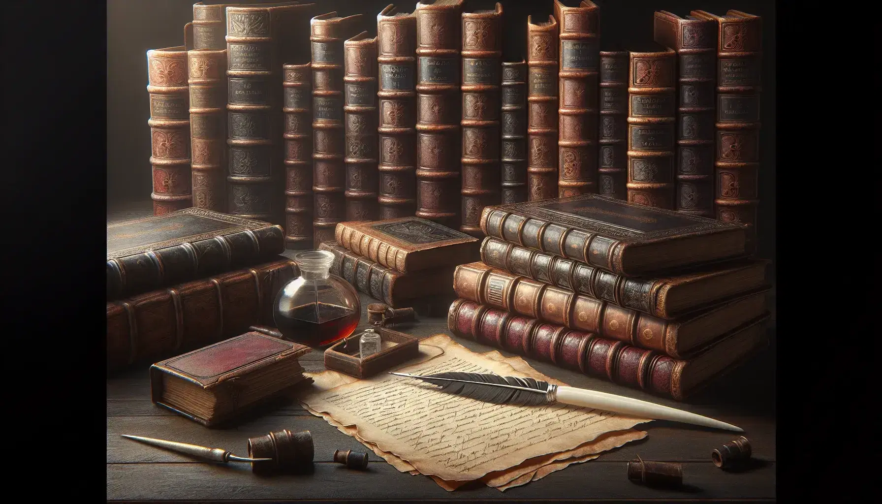 Libri antichi in pelle con angoli metallici su tavolo scuro, penna d'oca e calamaio di vetro accanto a foglio di pergamena.
