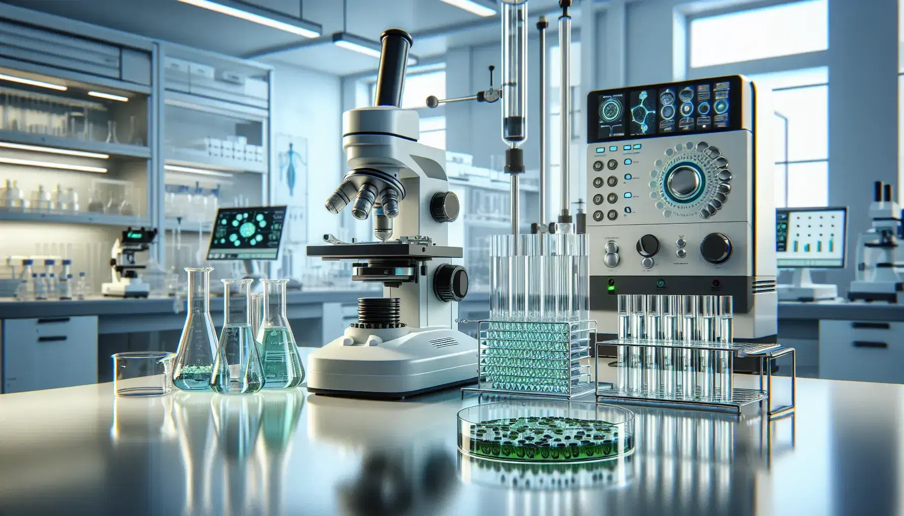 Modern biotechnology laboratory with beakers of blue and green liquids, a microscope, a petri dish with green cells, a centrifuge, and a spectrophotometer.