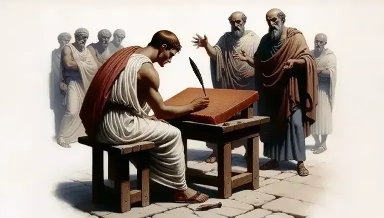 Ancient Greek scene with scribe on stool engraving on wax tablet, two citizens discussing lively, temple with columns in the background.