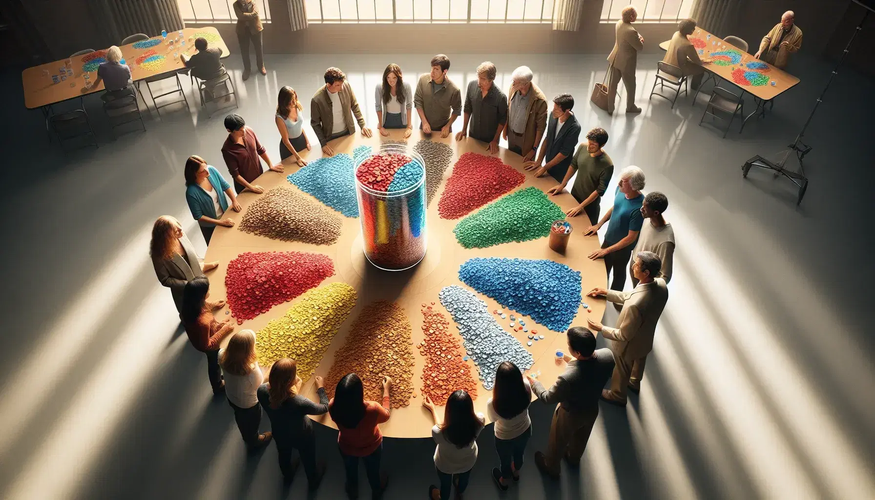 Grupo multiétnico interactuando alrededor de una mesa redonda con fichas de colores rojo, azul, verde y amarillo y un contenedor cilíndrico central.
