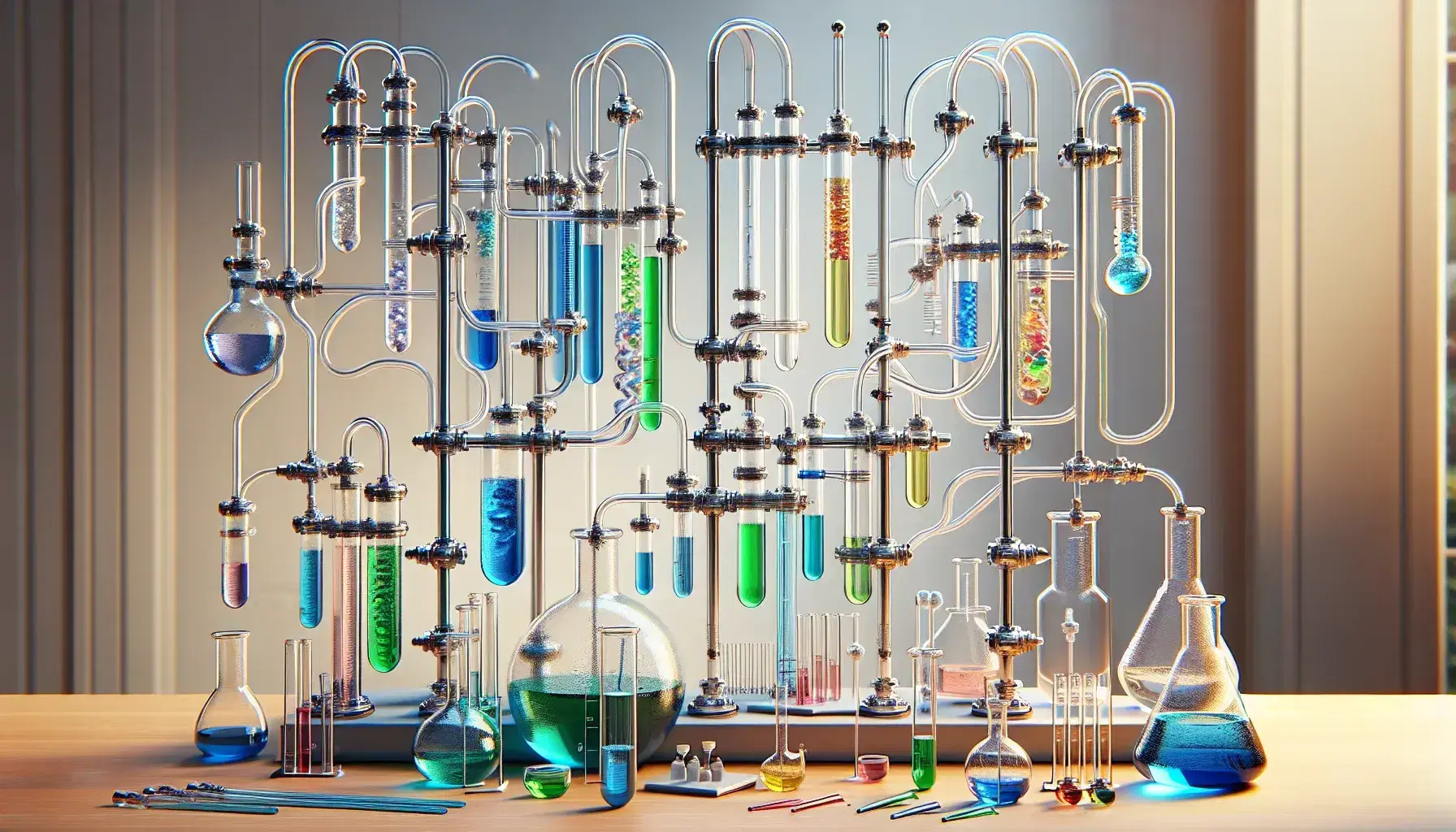 Tubi di vetro trasparenti congiunti e liquidi colorati in flusso su superficie in legno, attrezzature da laboratorio e fiamme di bunsen sfocate sullo sfondo.