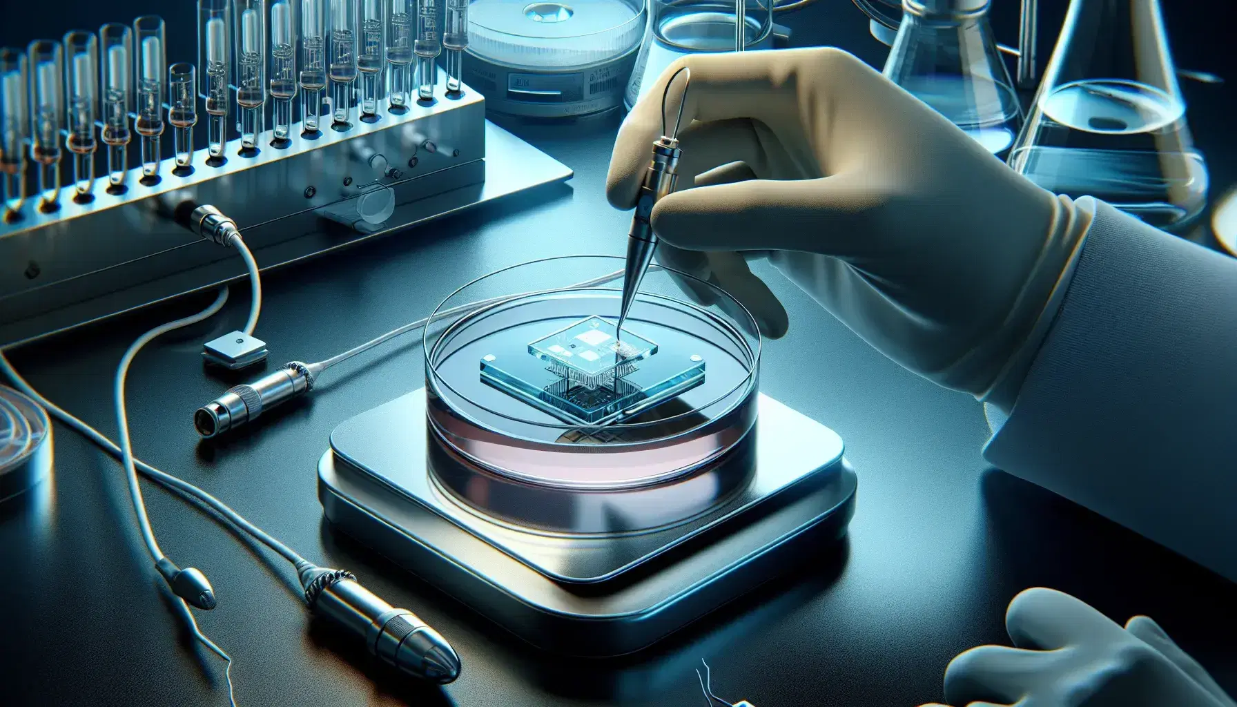 Scientist's hands holding a biosensor chip connected to wires, dipping it into a petri dish with pink agar in a well-equipped lab setting.