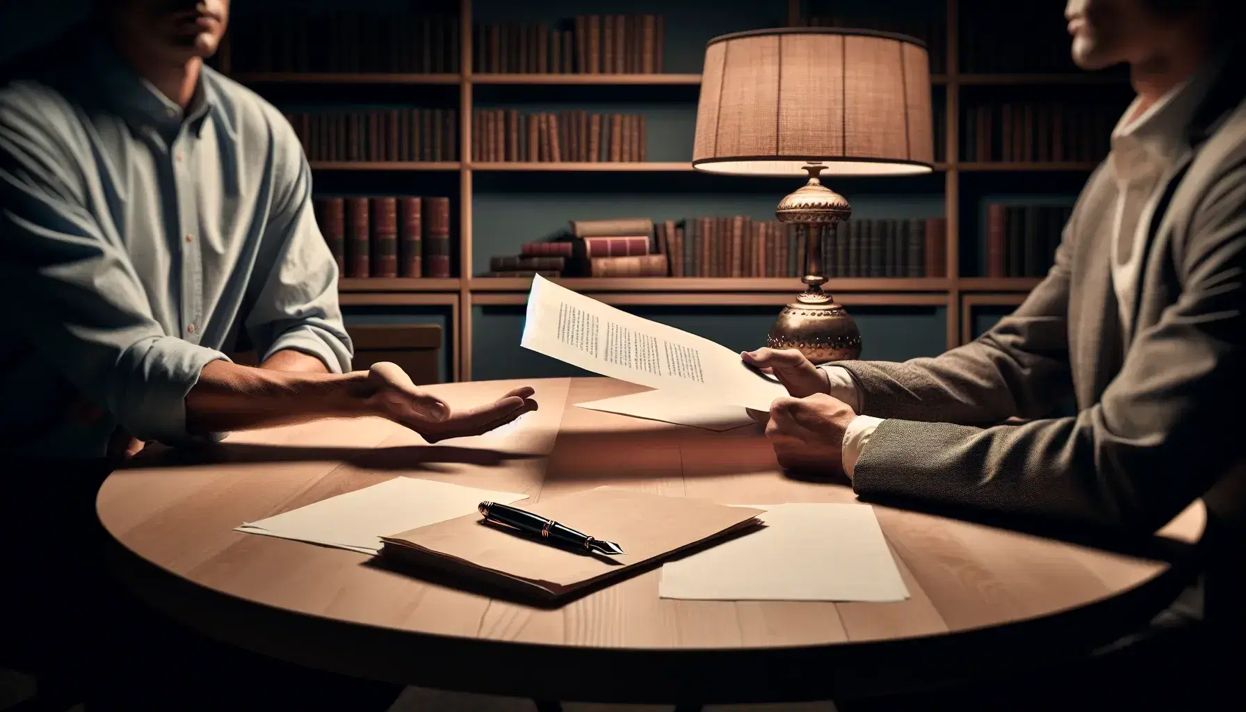 Due persone si scambiano documenti sedute a un tavolo rotondo con penne stilografiche e fogli sparsi, sfondo con libreria.
