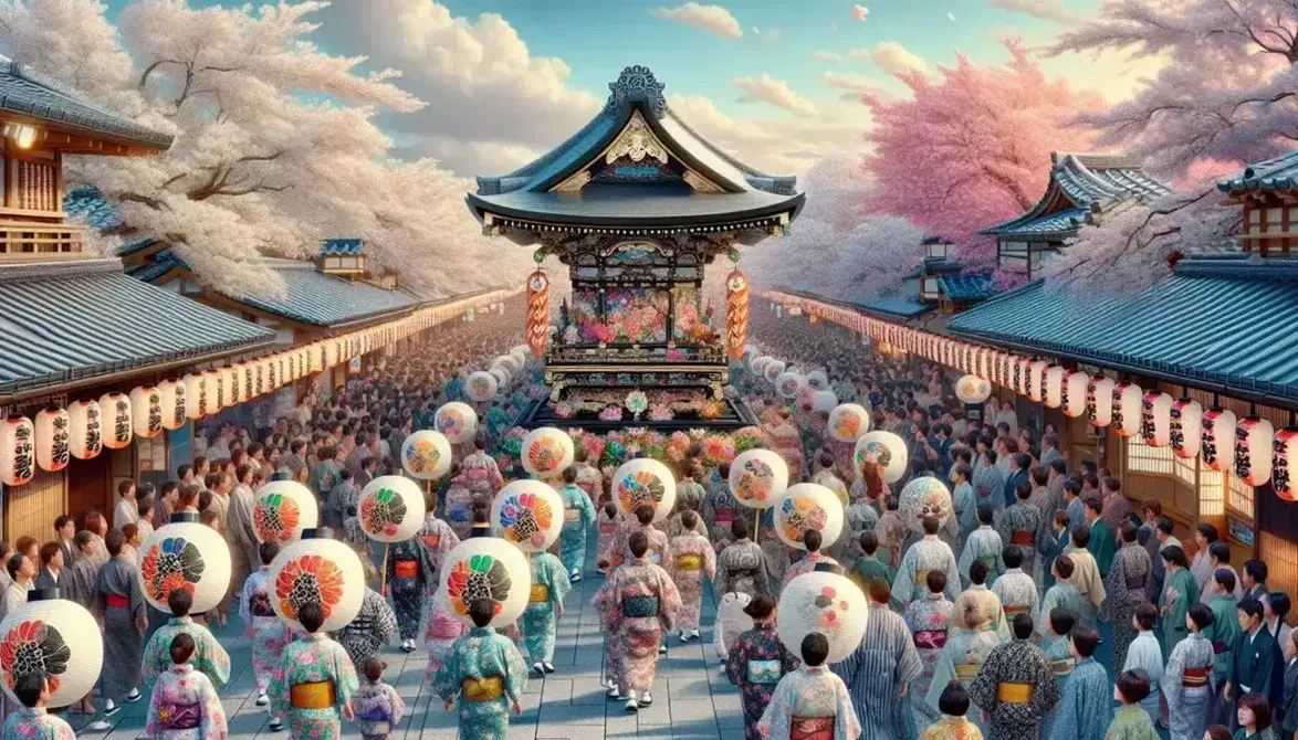 Festival giapponese con persone in yukata colorati e lanterne, mikoshi decorato e ciliegi in fiore su sfondo di tempio tradizionale.