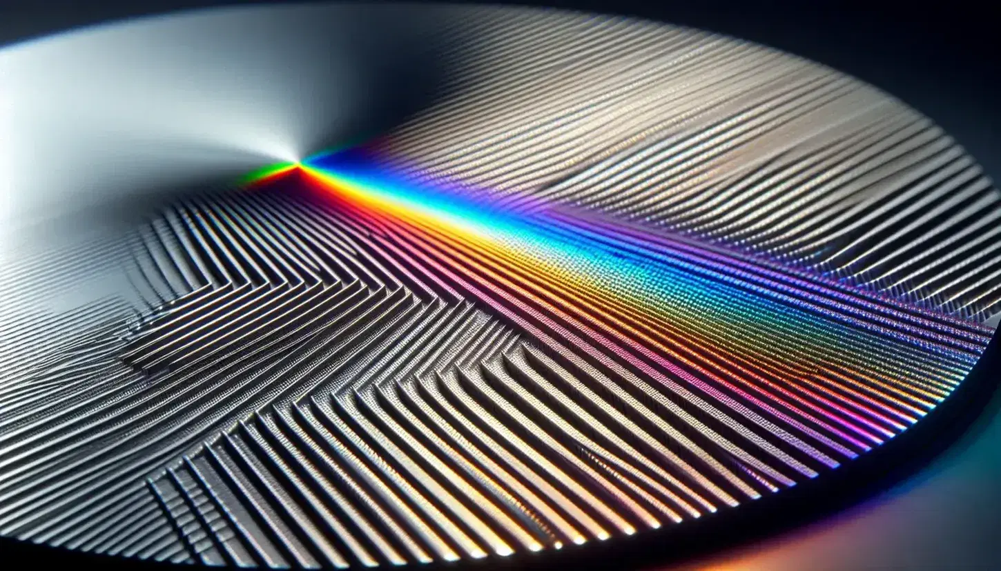 Close-up view of a diffraction grating displaying a vivid spectrum of colors, from violet to red, due to light diffraction on its finely etched surface.