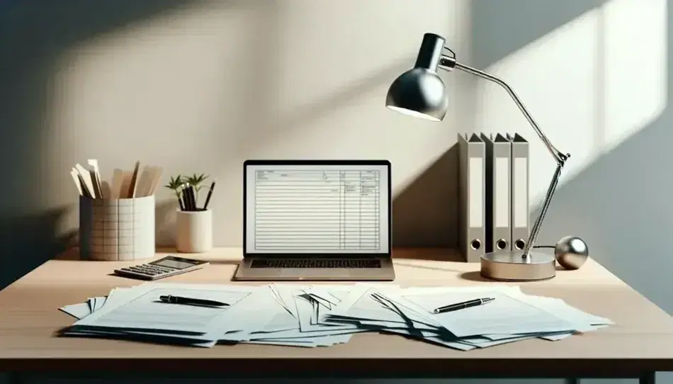 Scrivania in legno chiaro con laptop aperto, pile di documenti, raccoglitore, penna e pianta verde, illuminata da lampada da tavolo e luce naturale.