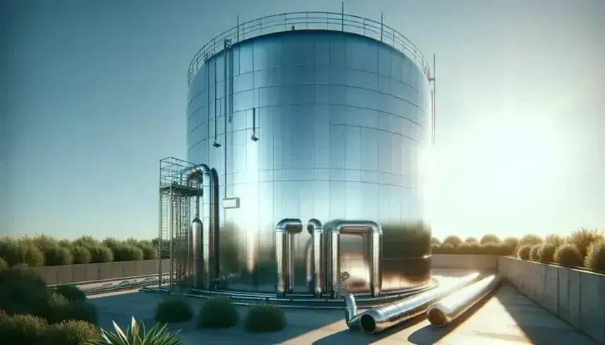 Insulated cylindrical tank outdoors on concrete platform, surrounded by green plants, with insulated pipes and sunny blue sky.