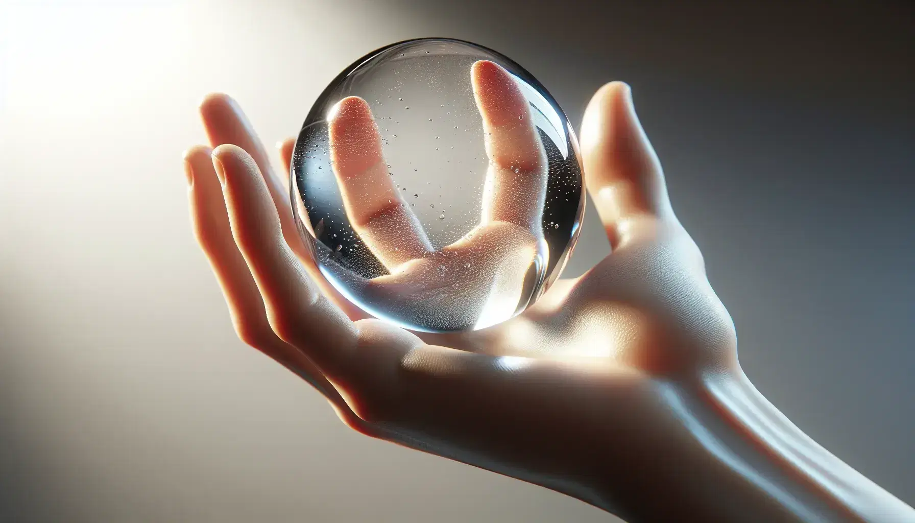 Mano humana sosteniendo una esfera de agua transparente y brillante, reflejando la luz en un fondo neutro y desenfocado.