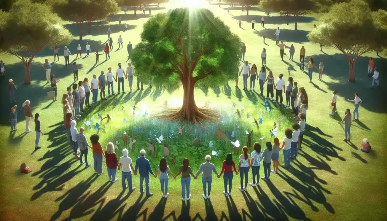Grupo diverso de personas de distintas edades y etnias tomadas de las manos en círculo alrededor de un árbol frondoso en un parque, bajo un cielo azul con nubes.