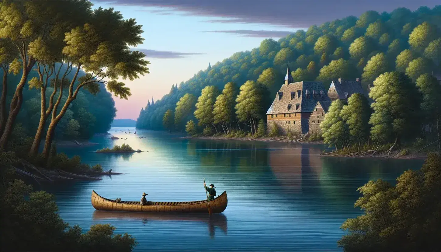 Early morning on the St. Lawrence River with a birchbark canoe, 17th-century French colonial buildings, and a heron in a tranquil, lush setting.