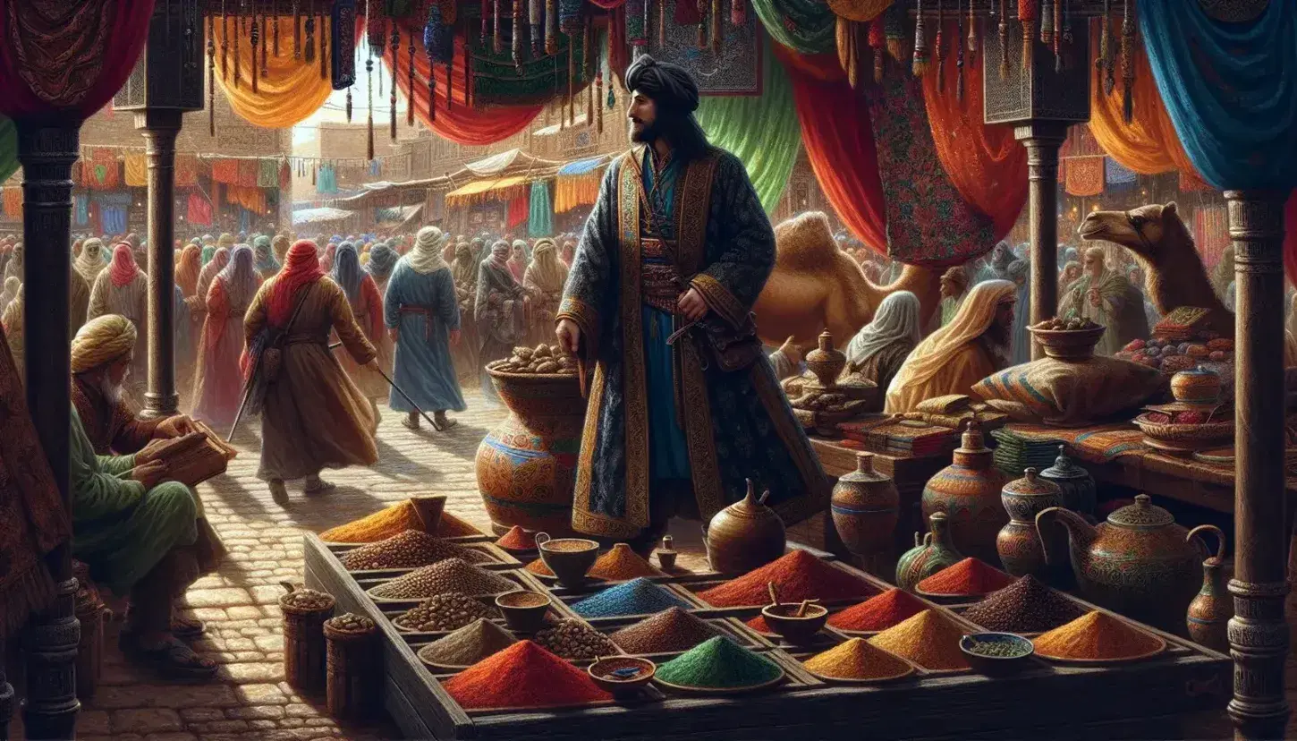 Mercato medievale orientale con uomo in abiti da viaggiatore blu e oro, bancarelle di spezie colorate, cammello, bussola in ottone e mappa.