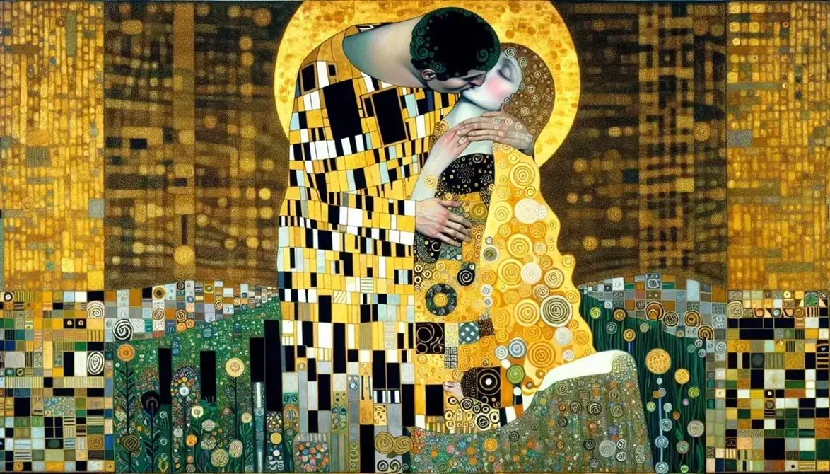 Due figure umane in abbraccio intimo, stile simbolista, con abiti decorativi oro e verde su sfondo di fiori stilizzati, evocando l'arte di Gustav Klimt.