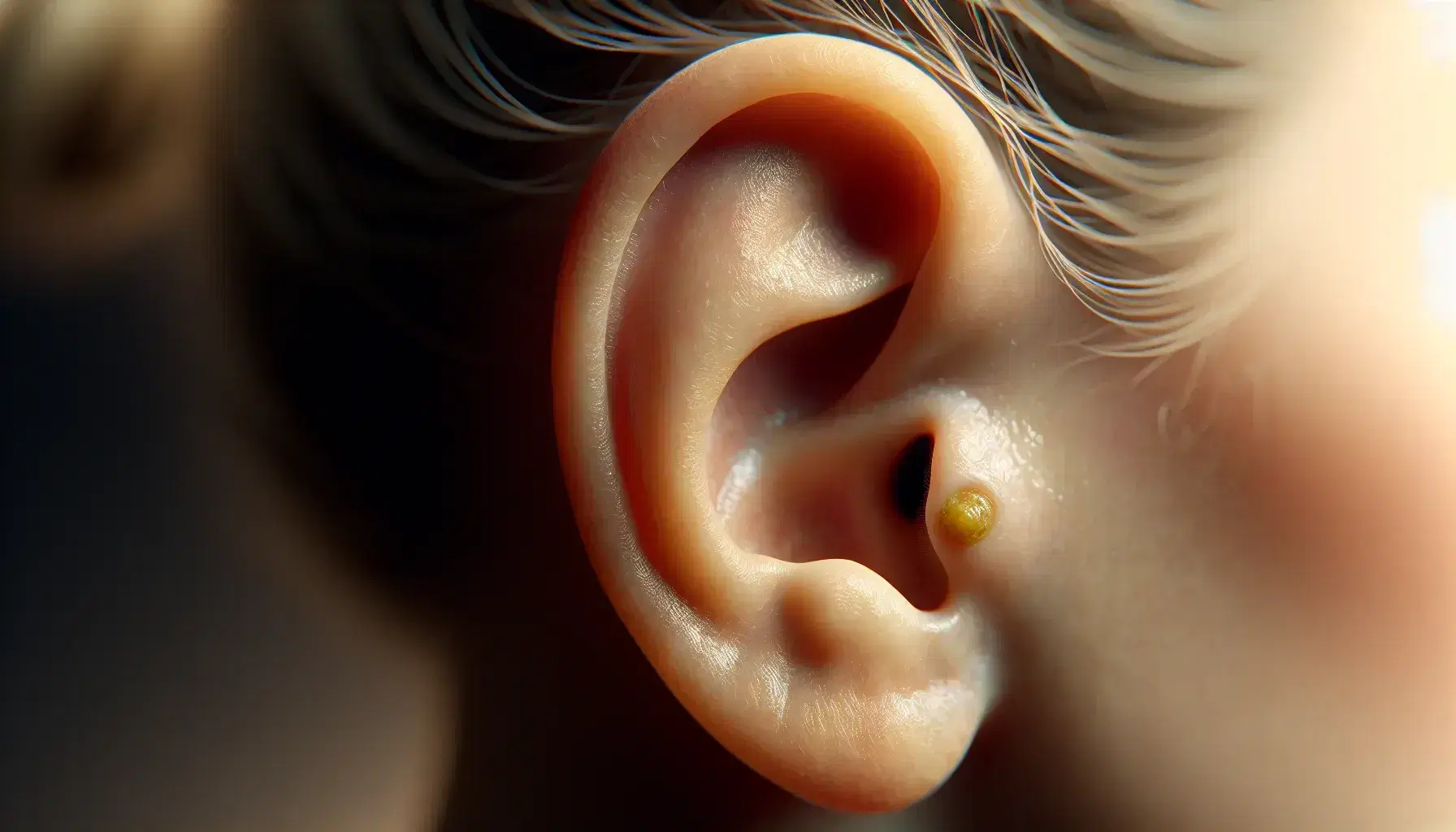 Primer plano de oreja humana con piel clara mostrando el helix, la aurícula y la entrada al canal auditivo con una leve acumulación de cerumen.