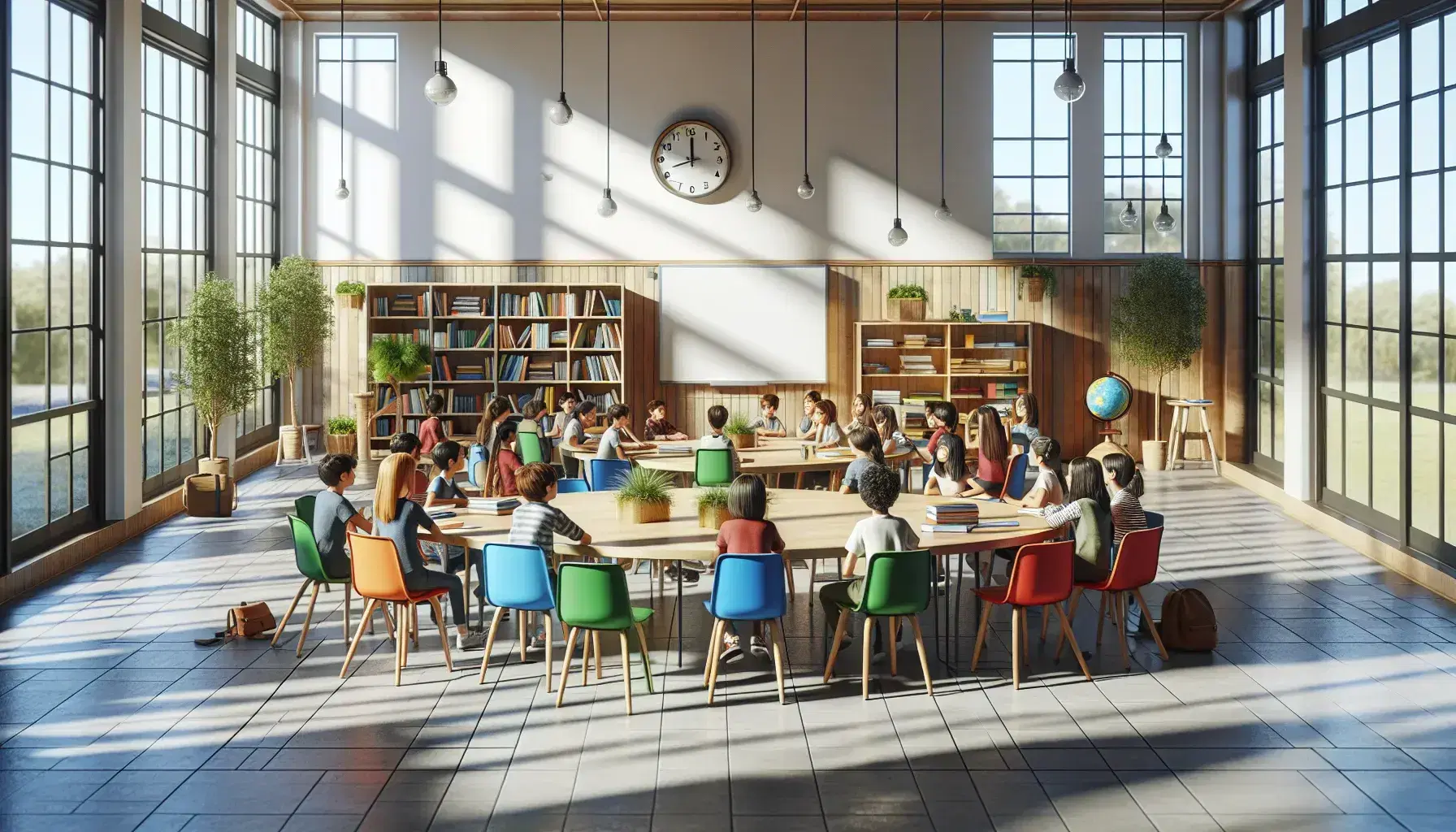Aula luminosa con estudiantes de diversas edades sentados en sillas de colores alrededor de una mesa redonda, participando activamente en una discusión, con pizarra blanca y estantería con libros al fondo.