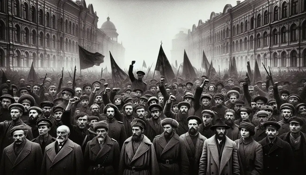Rivoluzionari del 1917 in Russia, con pugni alzati e fucili, in abiti d'epoca davanti a edifici sfocati.