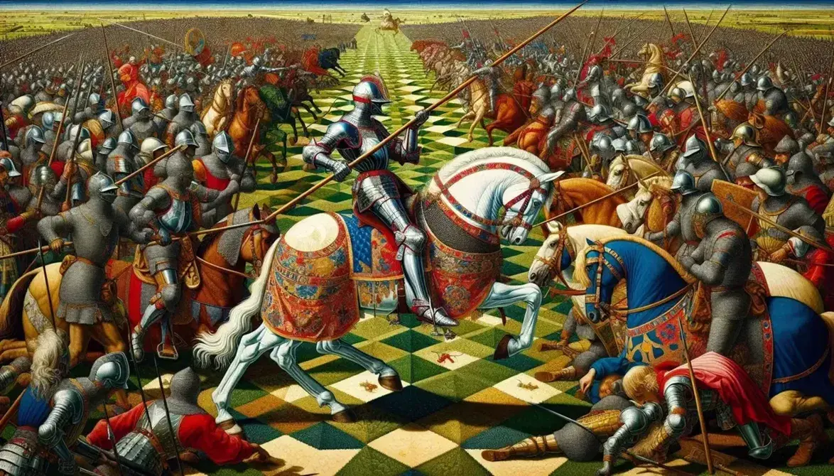 Battaglia di San Romano di Paolo Uccello, cavaliere in armatura su cavallo bianco, combattenti e dettagli medievali in scena di guerra colorata.