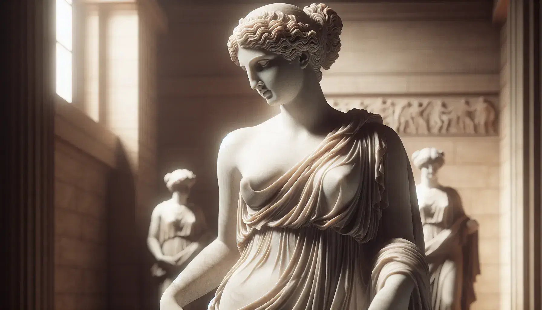 Ancient Greek marble statue of a woman in flowing robes with an intricate updo, flanked by bronze oil lamps, set against a backdrop of olive trees.