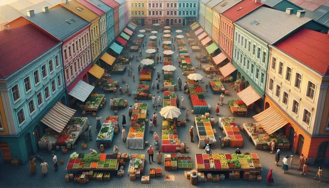 Vista aérea de mercado al aire libre con puestos coloridos y gente comprando productos frescos, rodeados de edificios pastel y cielo despejado.