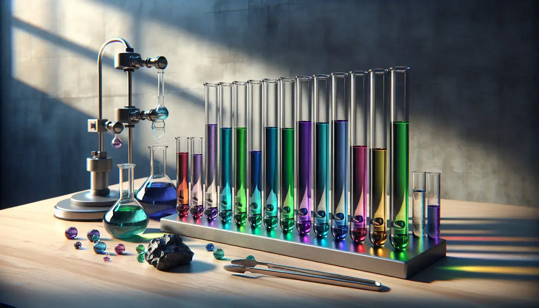 Provette di vetro con liquidi colorati in ordine crescente su banco laboratorio, pinze e bruciatore Bunsen spento sullo sfondo.