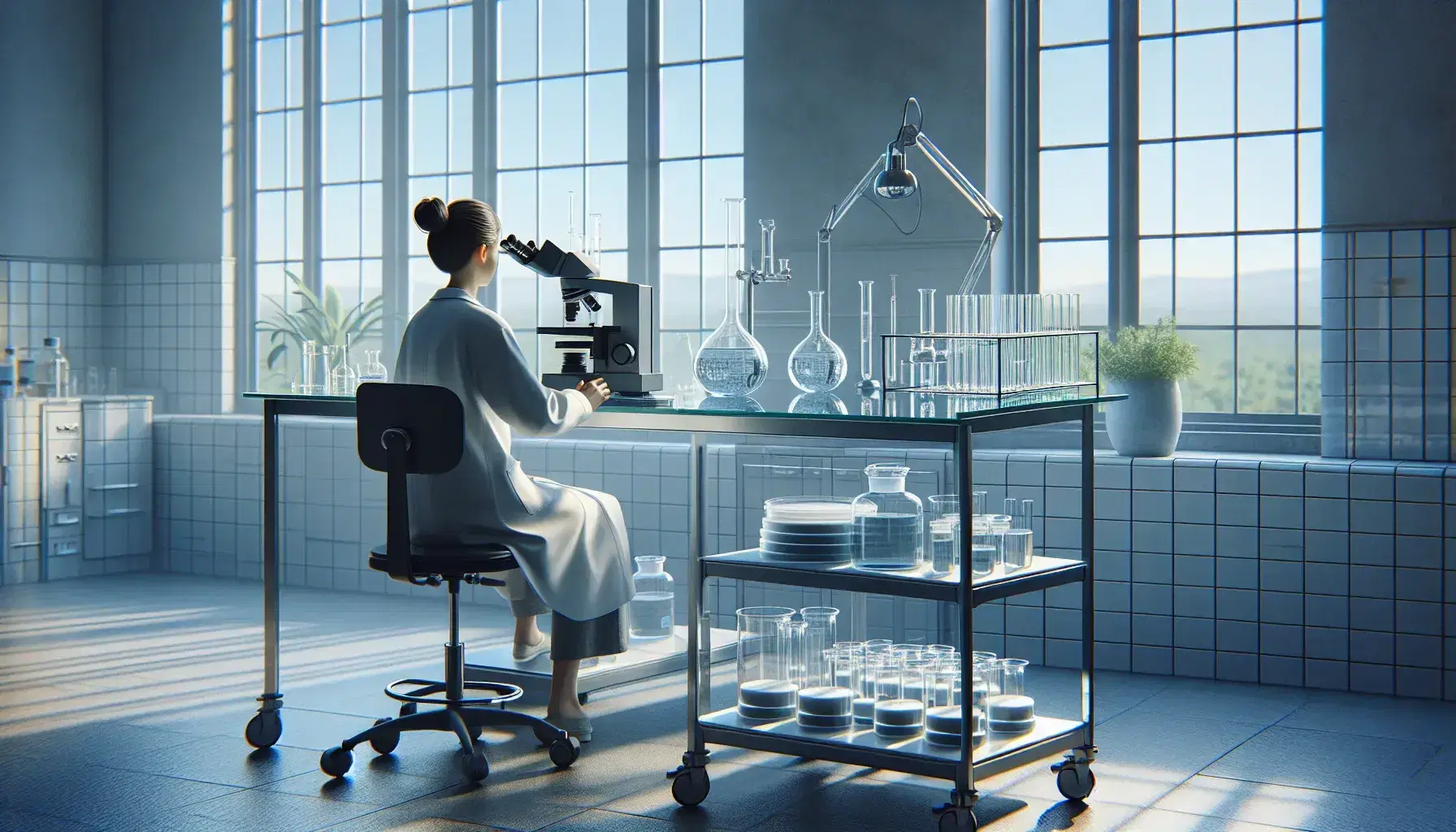 Bright laboratory with microscope, test tubes in blue rack, Petri dishes on glass table, scientist in lab coat analyzes liquid.