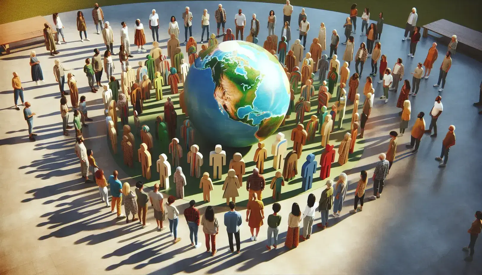 Grupo diverso de personas en círculo al aire libre con un globo terráqueo y figuras de madera en el centro, reflejando interacción y diálogo en un entorno natural.