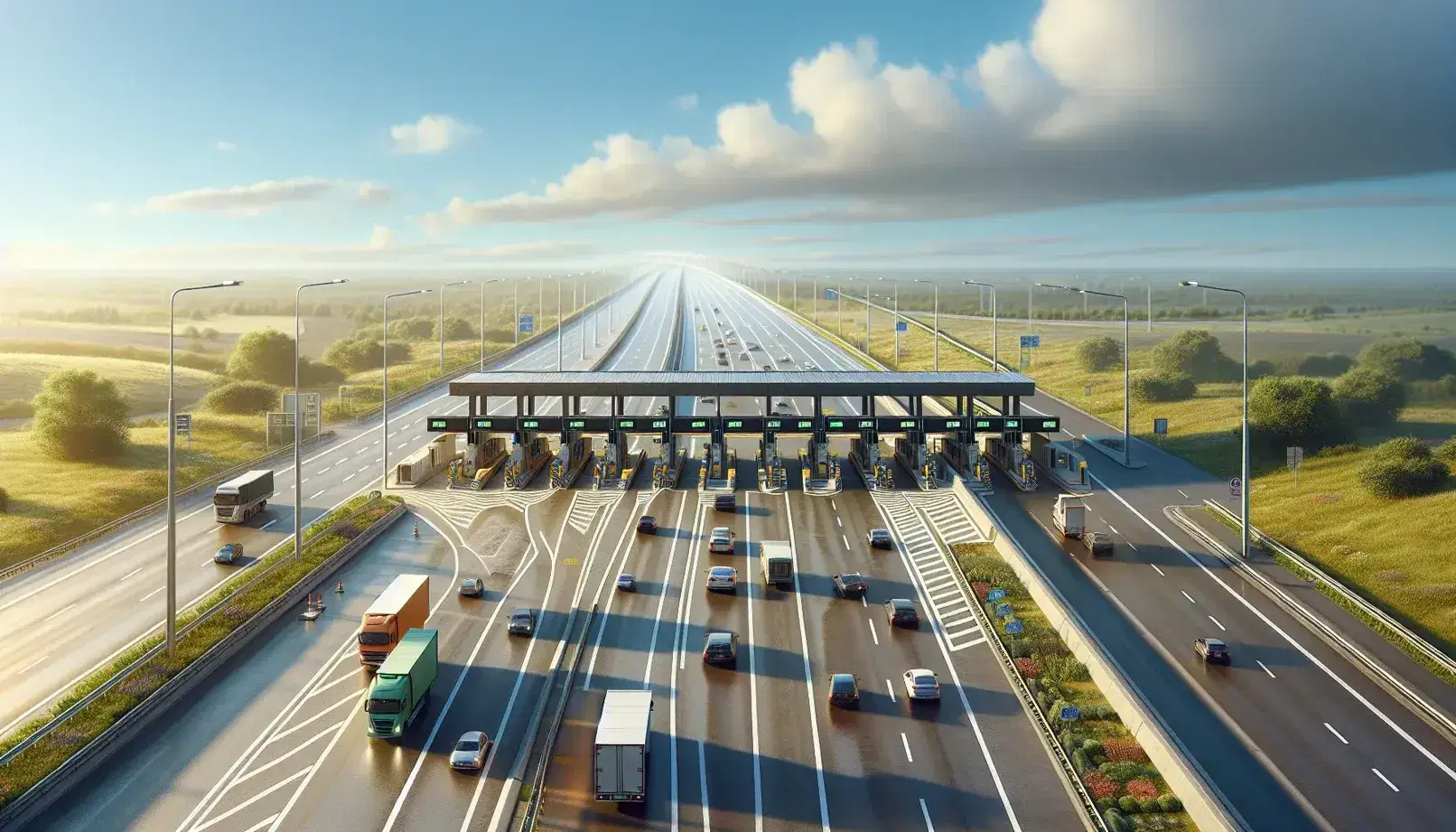 Autopista moderna con cabinas de peaje y tráfico variado bajo cielo azul con nubes dispersas, vegetación cuidada a los lados y puente al fondo.