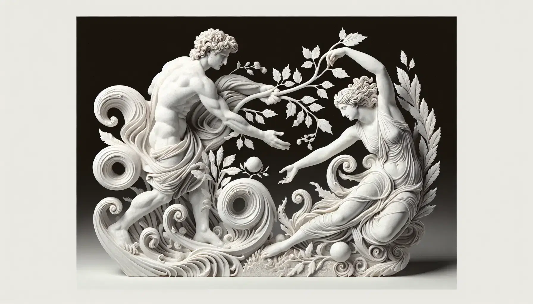 Scultura in marmo bianco raffigurante Apollo che tende la mano verso Dafne in trasformazione in albero di alloro, dettagli di foglie e muscoli.