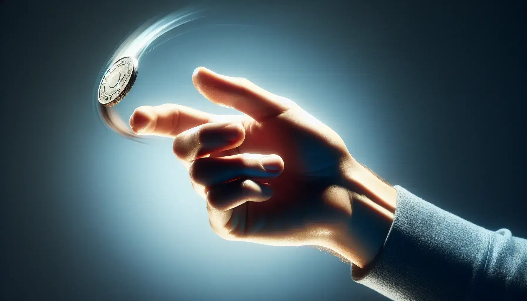 Close-up of a hand tossing a coin in the air with the head side visible, blue gradient background highlighting the movement.