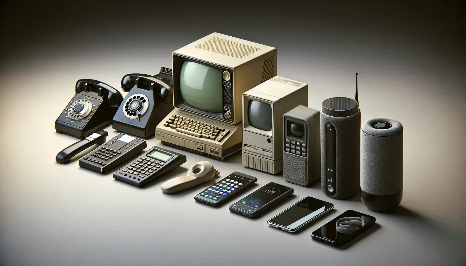 Evolución de dispositivos de comunicación, desde teléfono rotativo de los '50s hasta altavoz inteligente actual, pasando por PC de los '80s y móvil de los '90s.