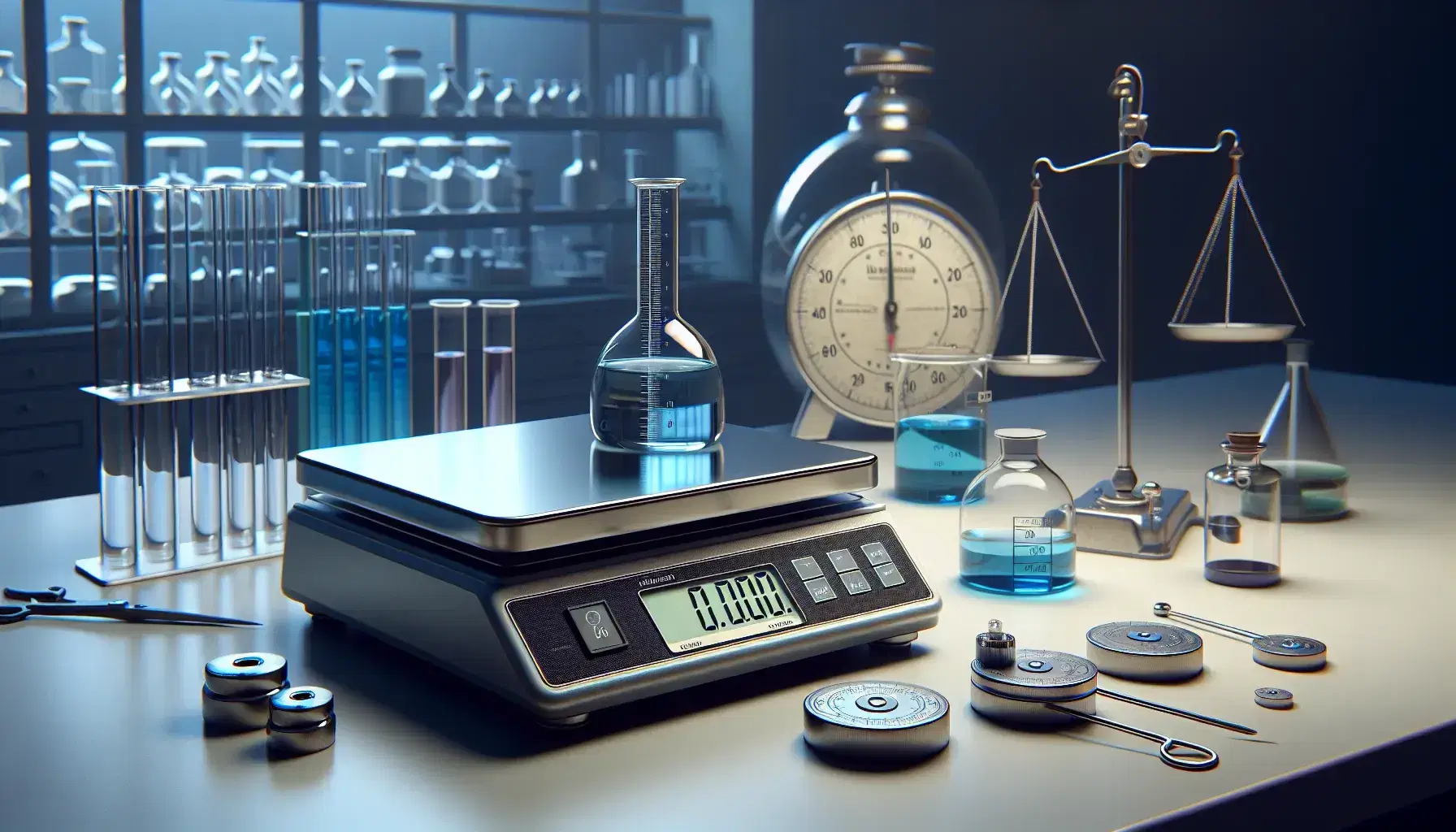 Laboratorio scientifico con bilancia analitica di precisione, pesi di calibrazione, cilindro graduato con liquido blu e cronometro manuale.