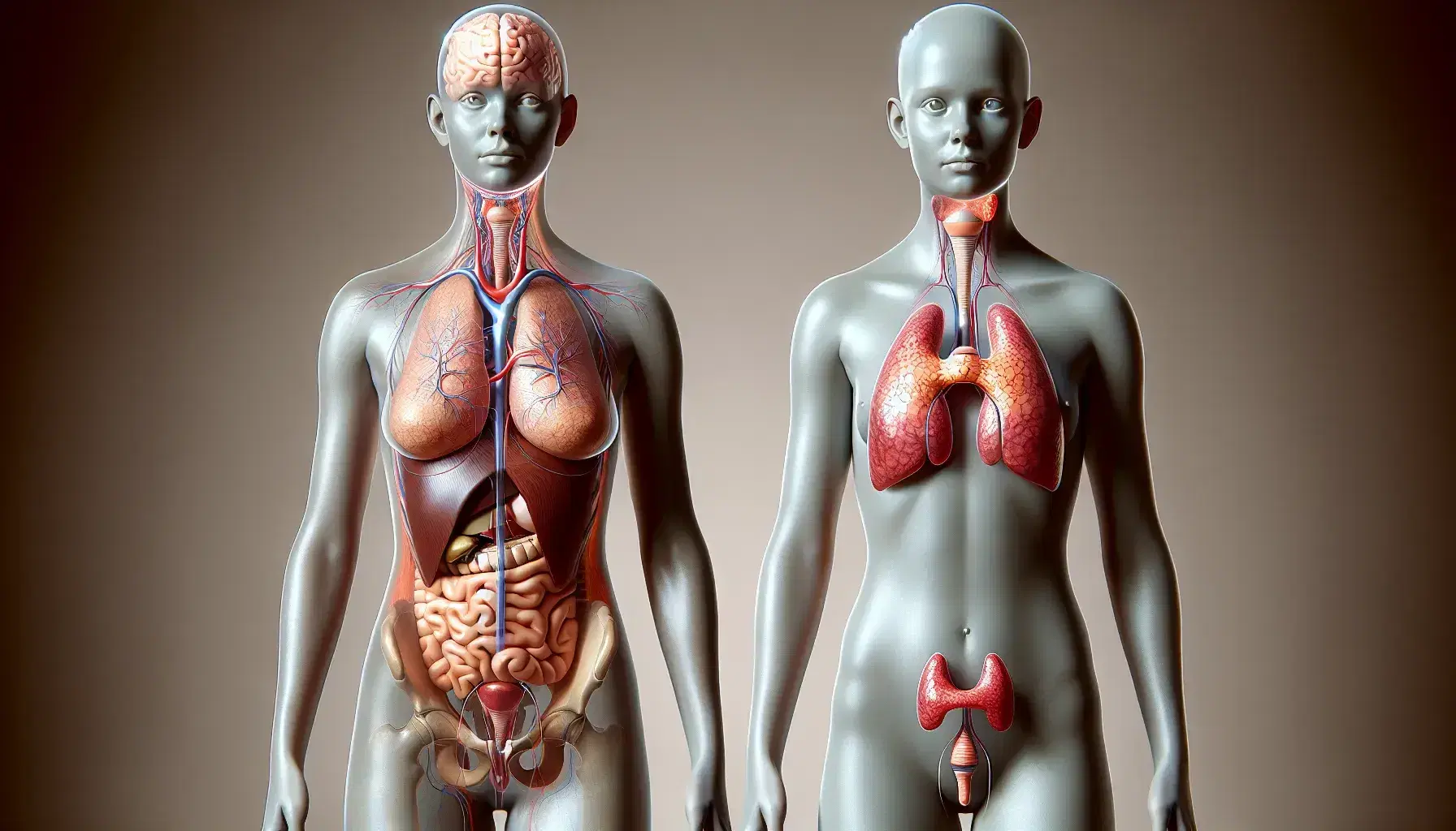 Rappresentazione anatomica del sistema endocrino umano con ghiandole visibili: ipotalamo, ipofisi, tiroide, paratiroidi e timo.