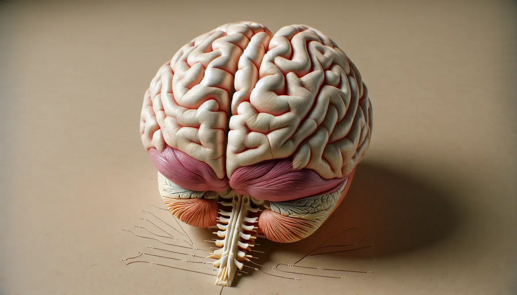 Modelo anatómico tridimensional del cerebro humano con hemisferios, fisura longitudinal y segmento de médula espinal con raíces nerviosas, sobre superficie neutra.