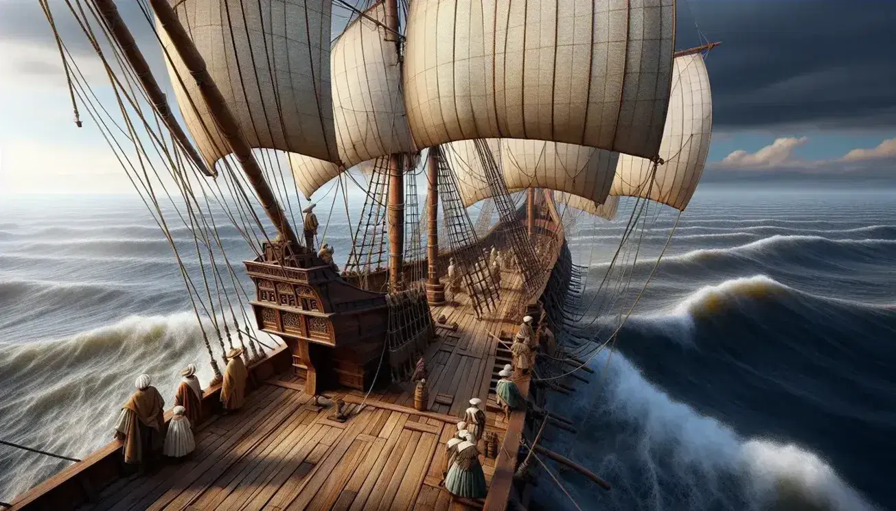 15th-century Portuguese caravel on the ocean with billowing sails, sailors working on deck, and a clear blue sky above, evoking the Age of Discovery.