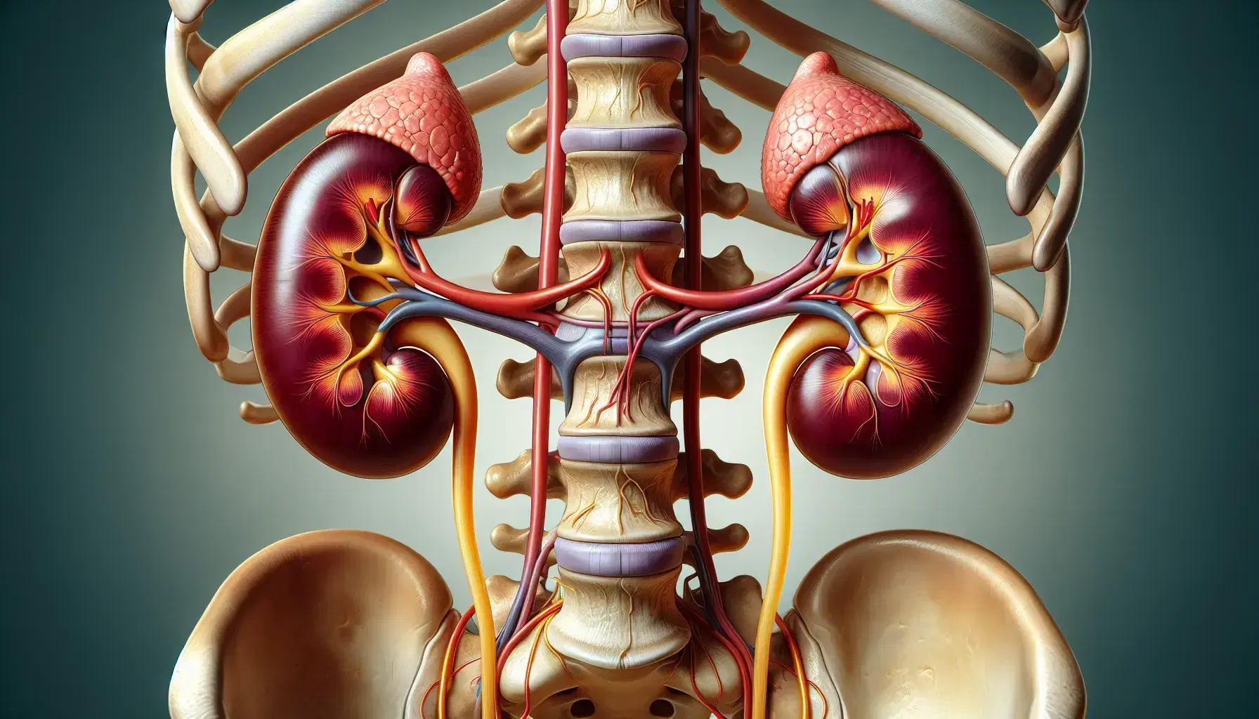 Rappresentazione anatomica dettagliata dei reni umani con ureteri e vescica parzialmente riempita, senza etichette, su sfondo neutro.