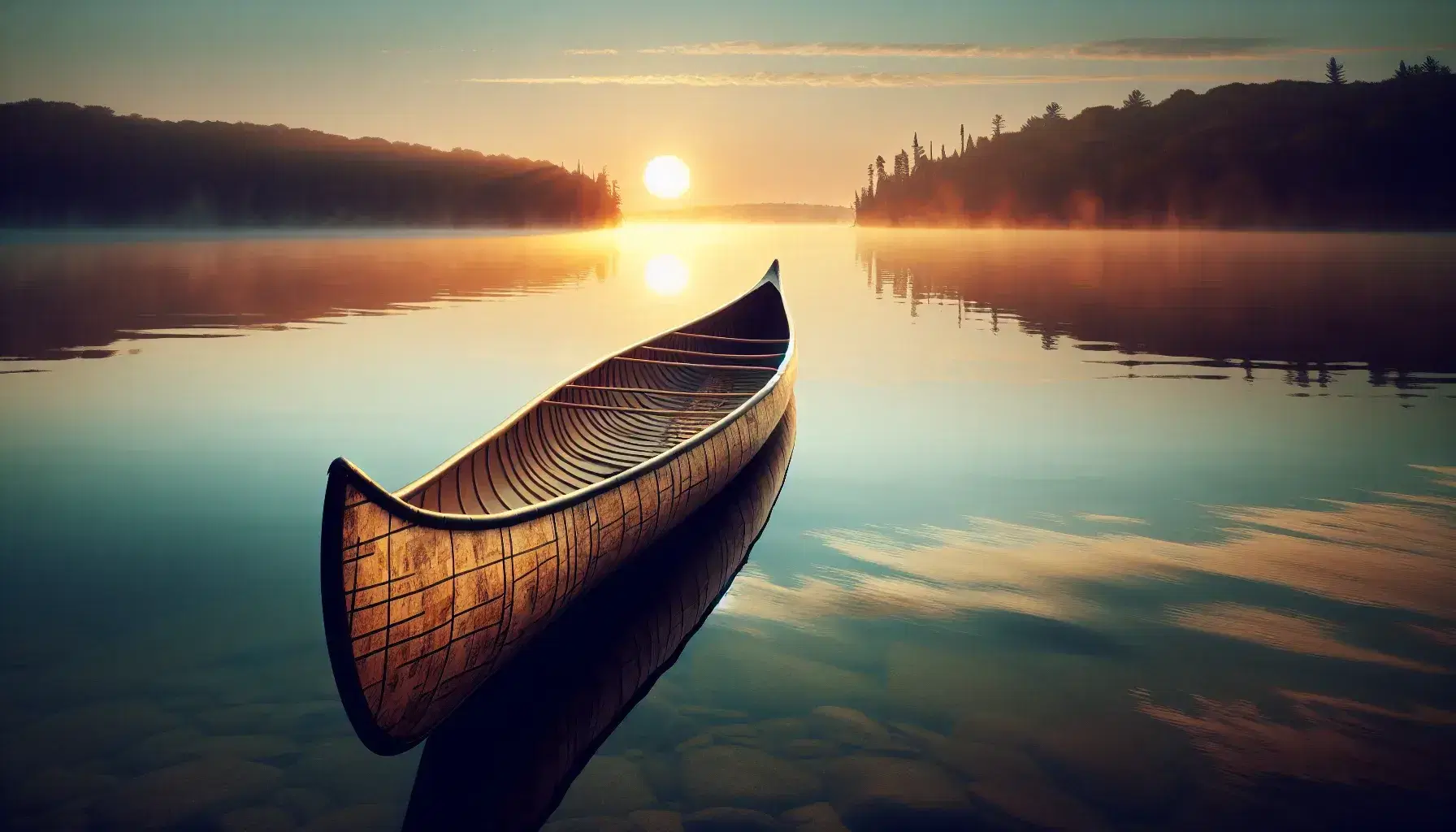 Traditional Ojibwe birchbark canoe on a calm lake at sunrise, with a reflection in the water and a forested backdrop under a pastel sky.