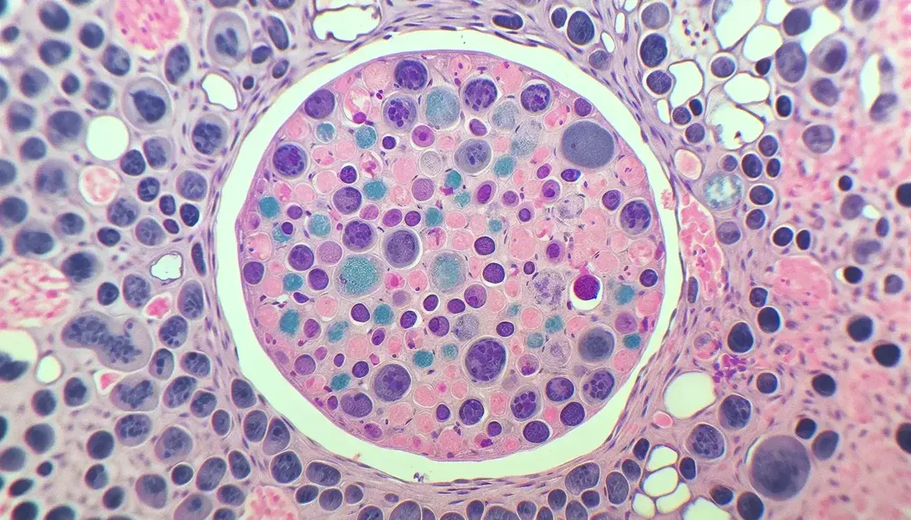 Vista microscópica de tejido linfático con un nódulo linfático destacado, mostrando células de distintos tamaños y colores en tejido conectivo rosa claro.