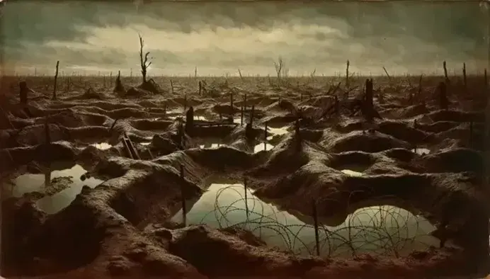Desolate landscape of a World War I battlefield with craters, eroded trenches, broken trees and ruins on the horizon.