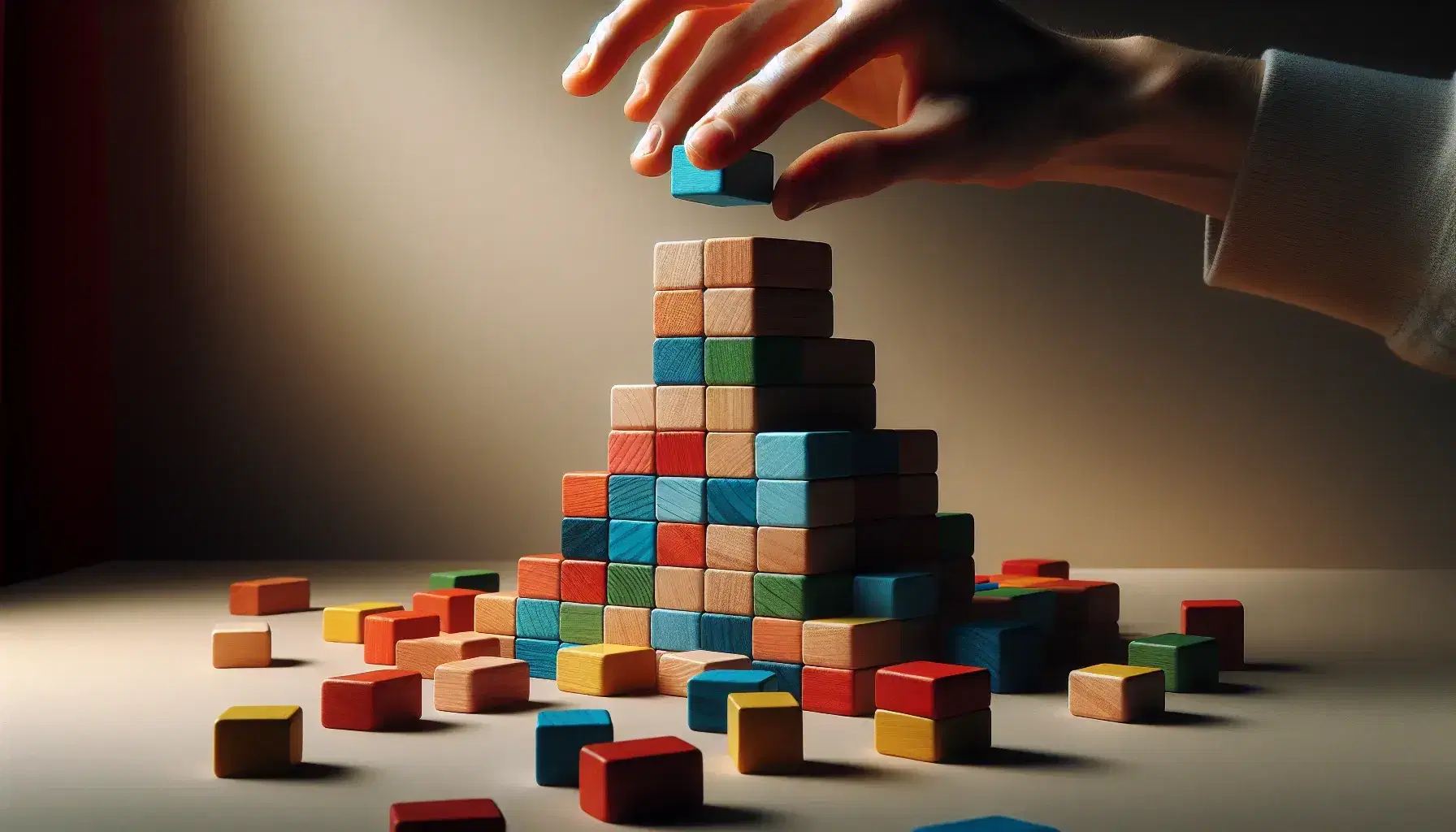 Mano colocando cuidadosamente un bloque azul sobre torre de bloques de madera de colores variados, enfatizando precisión y juego.