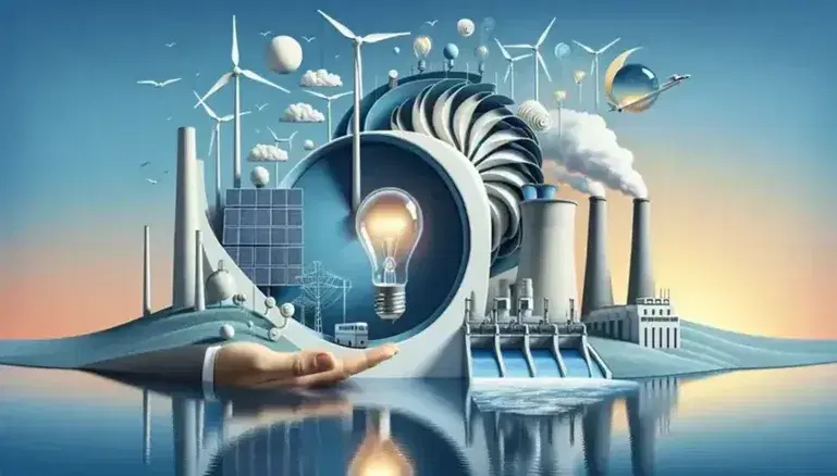 Molino de viento blanco, panel solar azul, presa de concreto con agua fluyendo, planta termoeléctrica al atardecer y mano sosteniendo bombilla encendida.