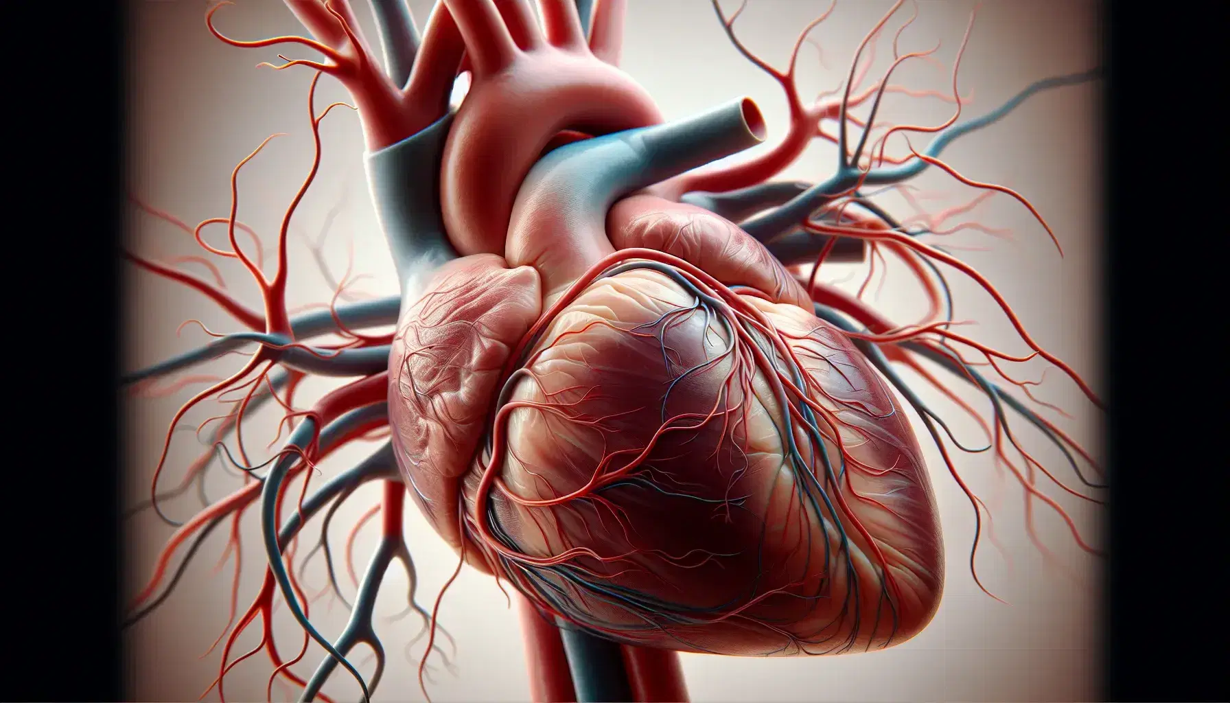 Corazón humano realista con cámaras y principales vasos sanguíneos visibles, rodeado de arterias rojas y venas azules en fondo neutro.