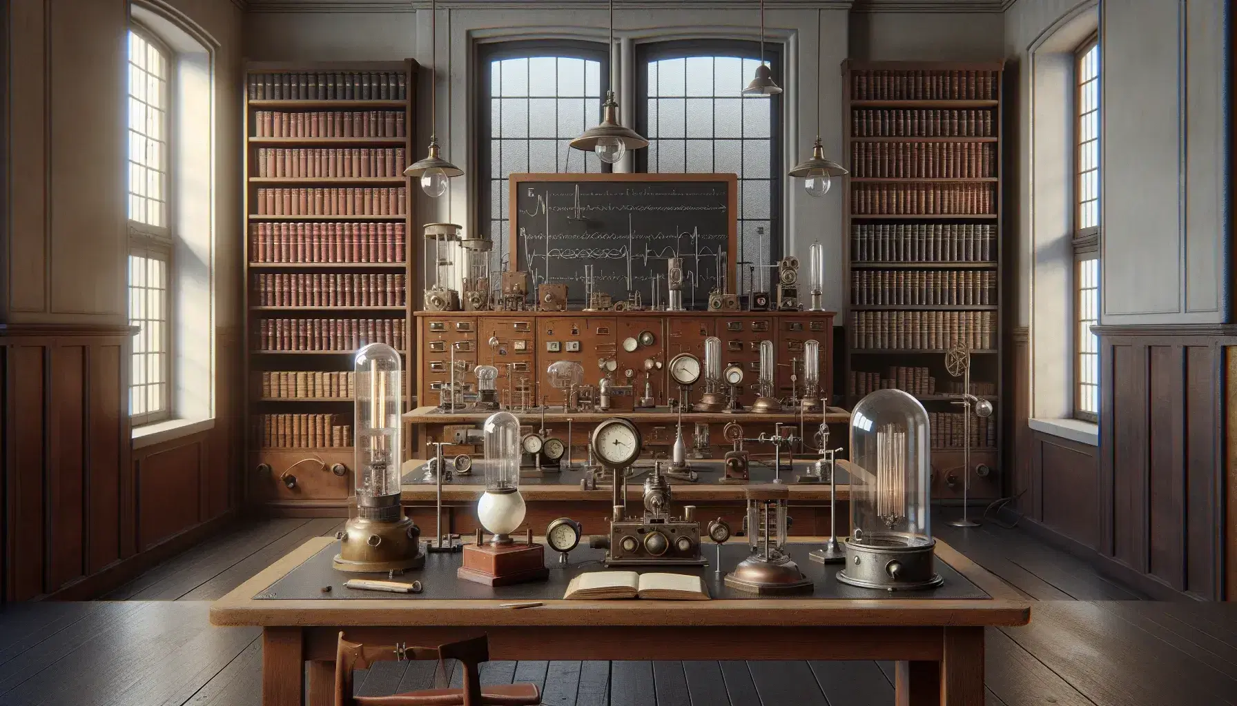 Laboratorio fisico anni '20/'30 con tavolo centrale, strumenti scientifici d'epoca, finestra illuminante, lavagna vuota e scaffali con libri rilegati.