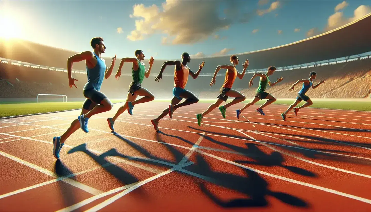 Atleti in gara su pista di atletica rossa, con divise colorate, corrono sotto cielo azzurro con ombre nette sul terreno.