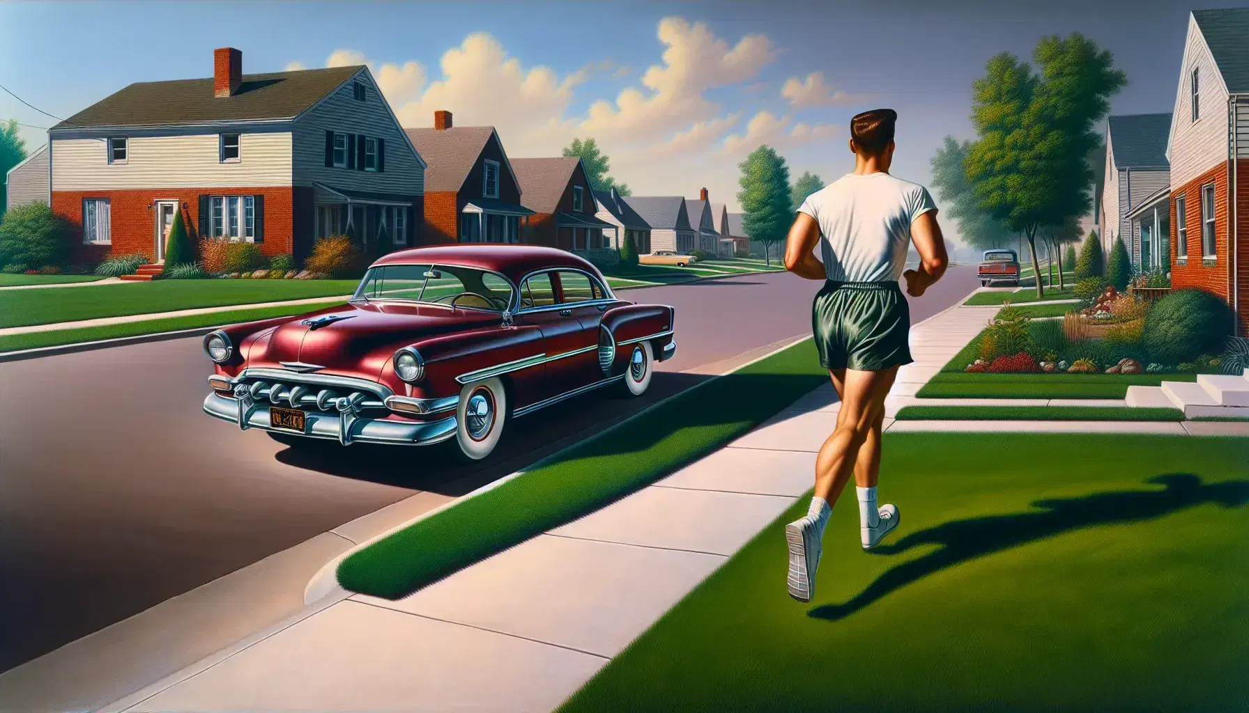 1950s suburban street with a classic red car, manicured lawns, uniform houses, and a man jogging in vintage athletic wear on a sunny day.