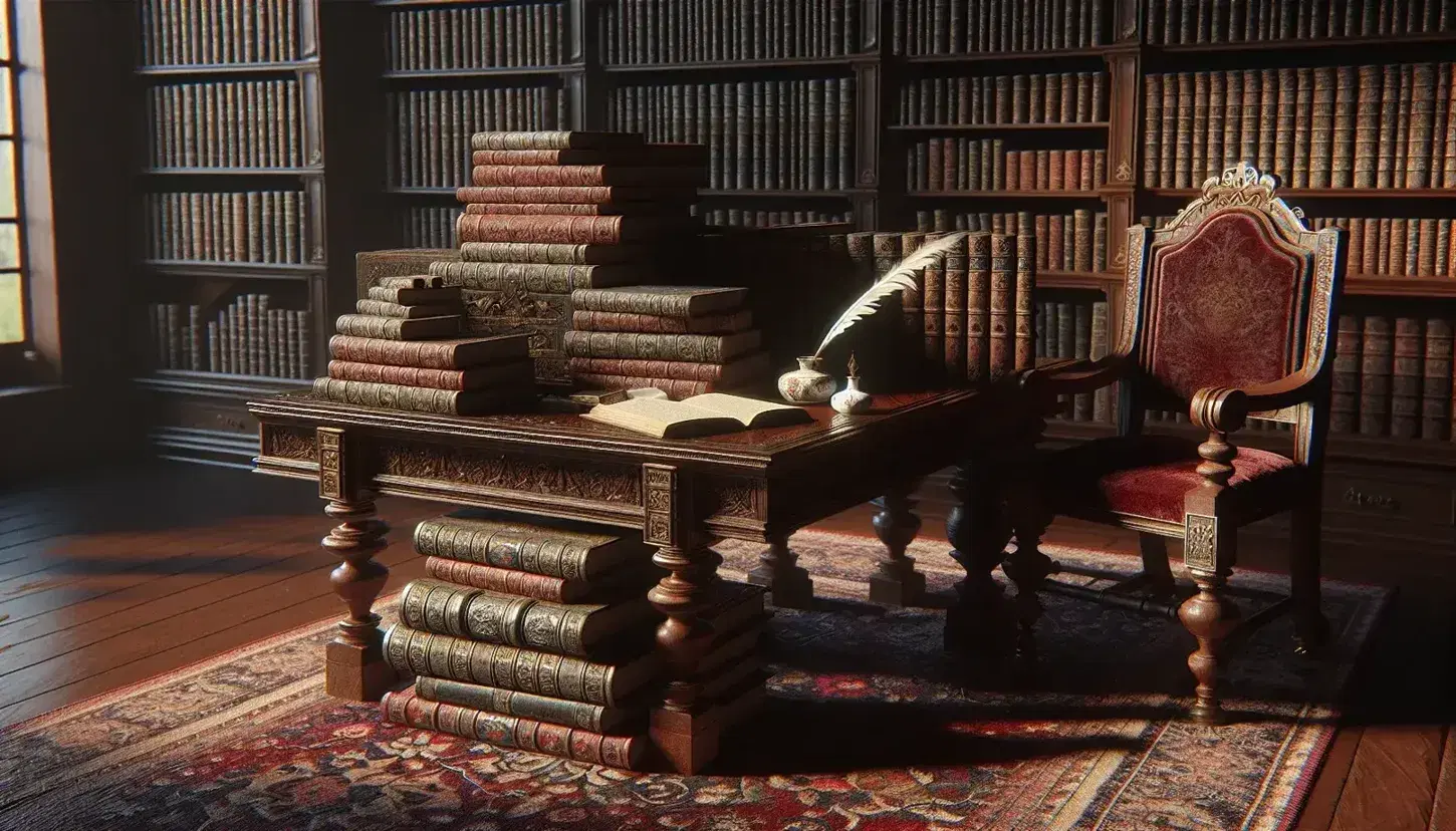 Biblioteca clásica con mesa de madera oscura, libros antiguos apilados, pluma de ave y tintero de porcelana, junto a silla con cojín de terciopelo rojo y estanterías repletas de libros.