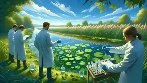 Three scientists in lab coats test water quality at a lush wetland, examining samples amidst greenery under a clear blue sky.