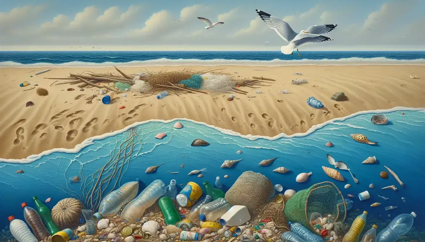 Spiaggia inquinata con rifiuti plastici, lattine e reti da pesca, gabbiano su legno alla deriva e macchie di petrolio in mare.