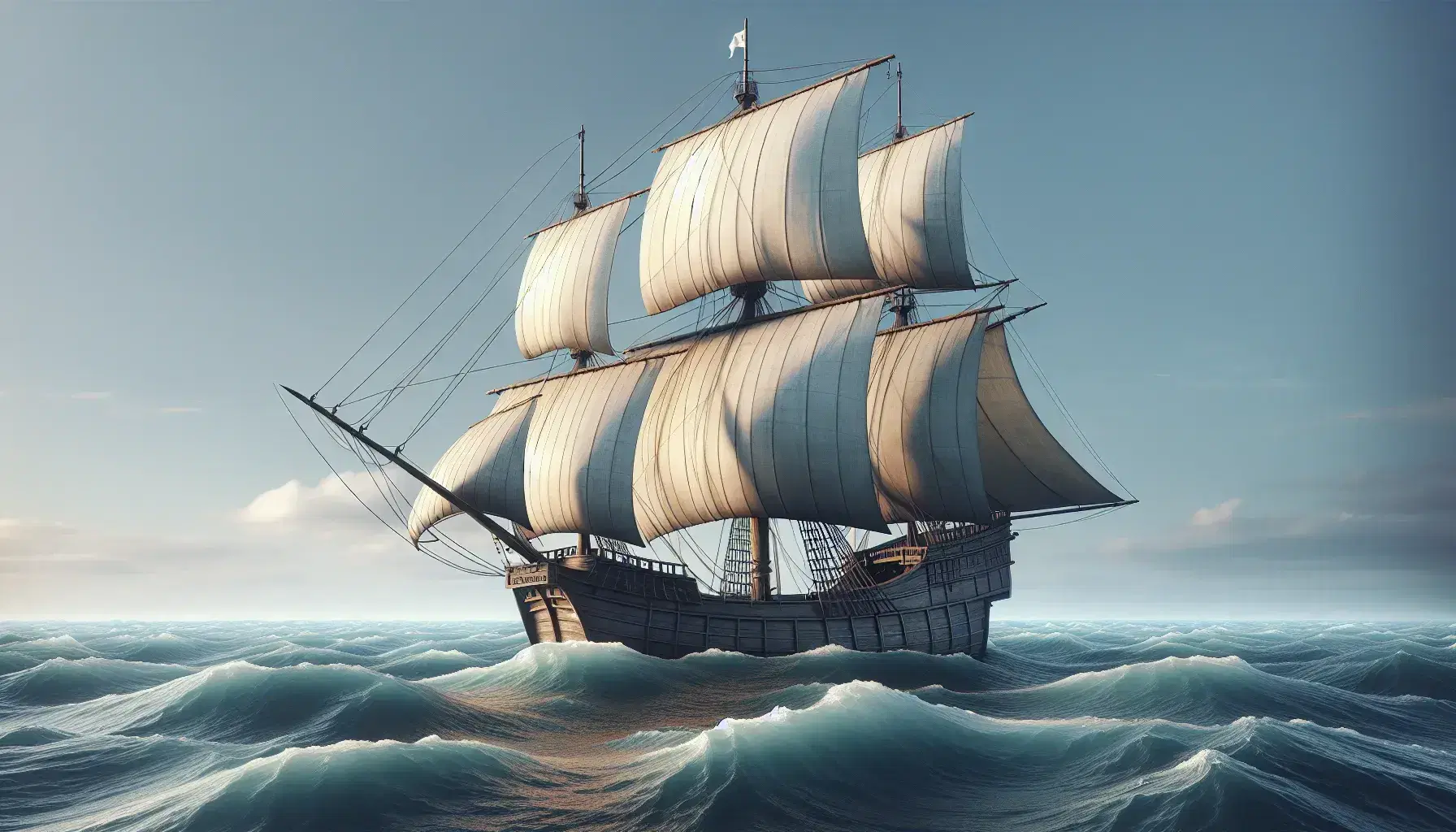 Caravella del XV secolo in navigazione con vele spiegate su mare blu e cielo sereno, evocazione dell'era delle grandi esplorazioni.