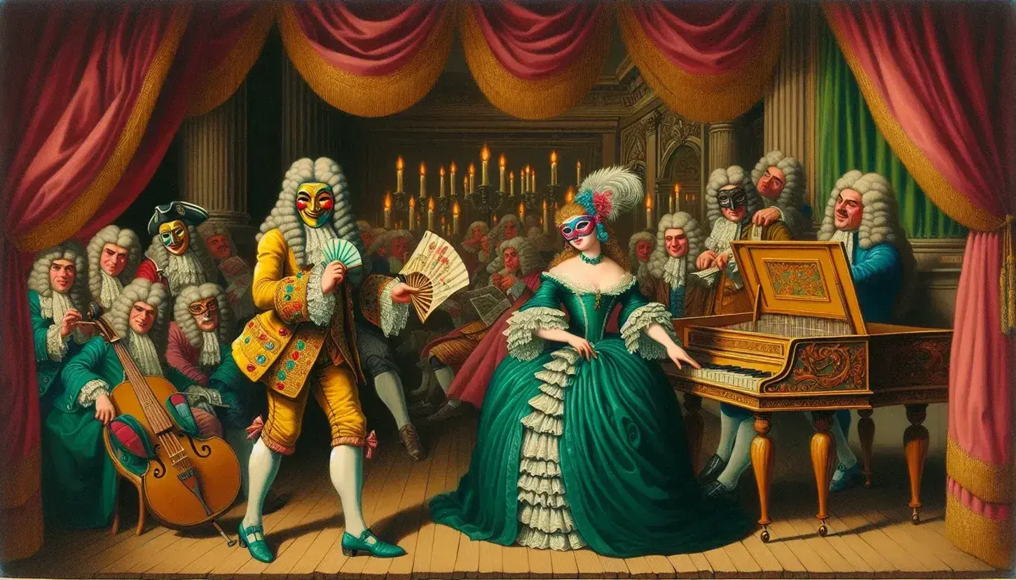 Scena teatrale di opera comica con attori in costume d'epoca, musicista al clavicembalo e pubblico divertito in abiti settecenteschi.