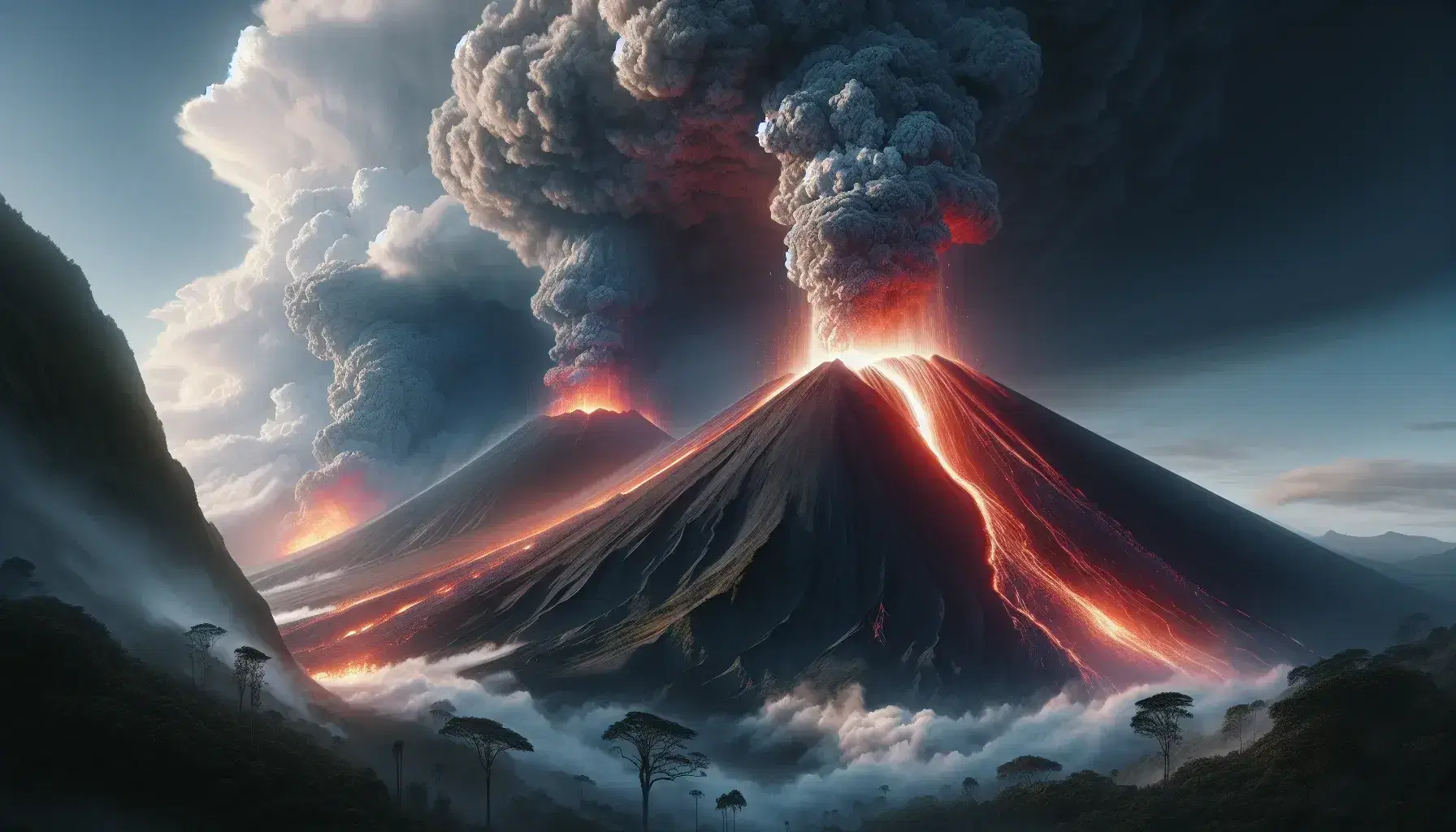 Eruzione vulcanica con colonna di fumo e cenere, flusso di lava incandescente che scende lungo il pendio e alberi in silhouette.