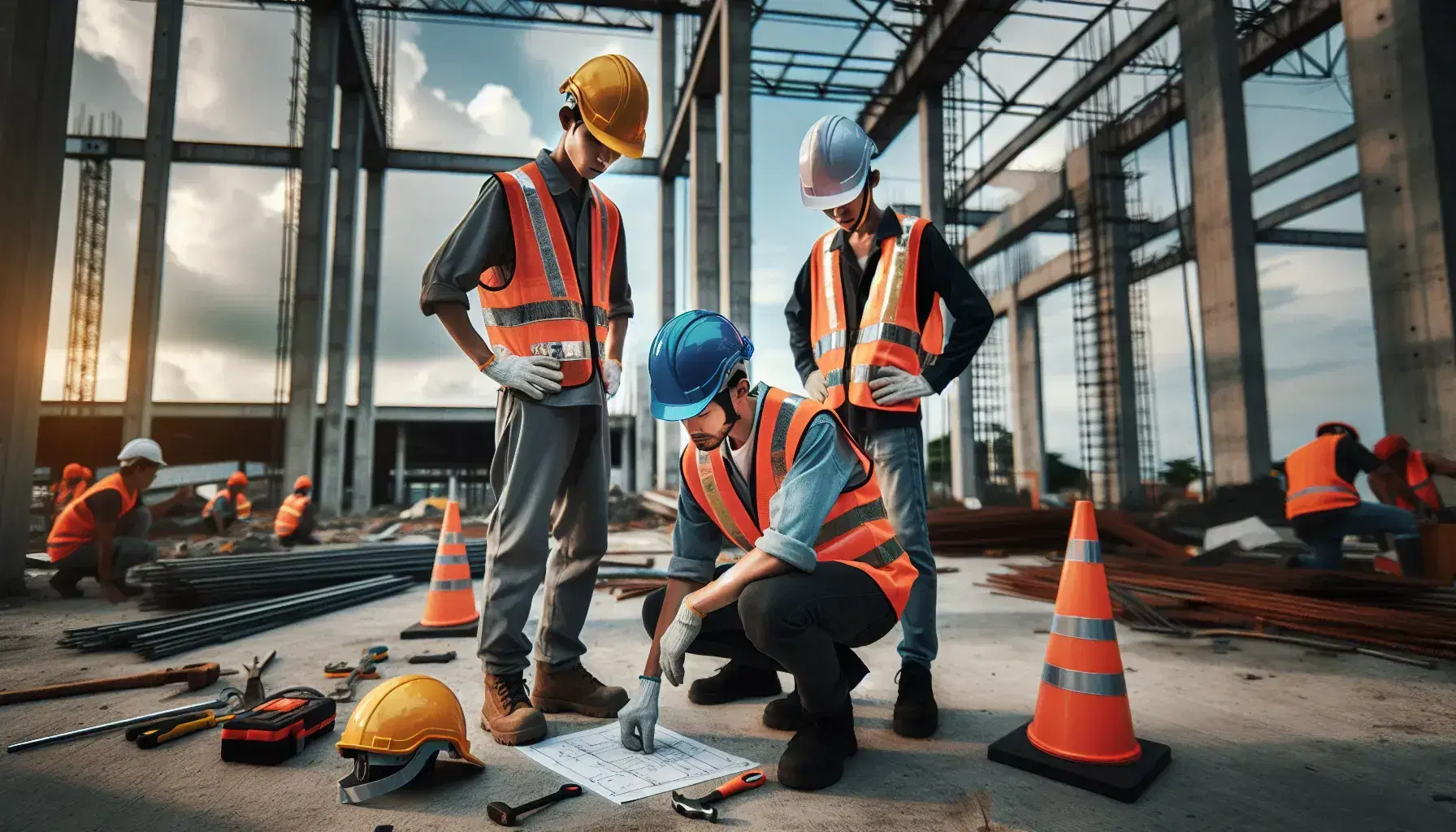Trabajadores de construcción con cascos de seguridad y chalecos reflectantes en obra, inspeccionando herramientas y estructuras de acero, bajo cielo parcialmente nublado.